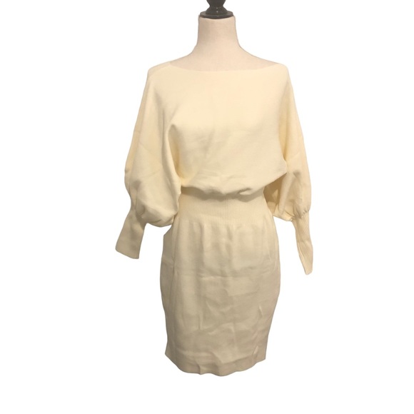 Cream Batwing Sleeve Bodycon Clinched Waist Ribbed Sweater Dress - Picture 4 of 5